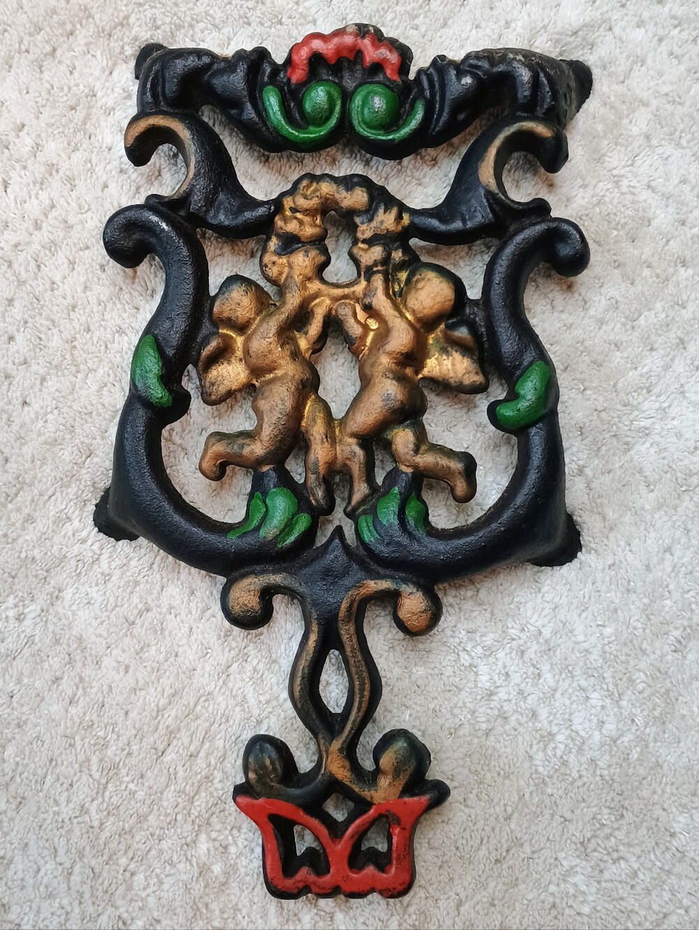 Vintage Cast Iron Cherub Trivet Wall Hanging Paint Accent Cupid Ornate Motif